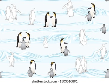 Emperor penguins seamless pattern. Colored and outline design. Vector illustration.