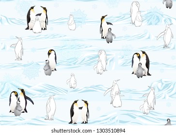 Emperor penguins seamless pattern. Colored and outline design. Vector illustration.