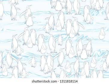 Emperor penguins seamless pattern. Colored and outline design. Vector illustration.
