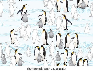 Emperor penguins seamless pattern. Colored and outline design. Vector illustration.