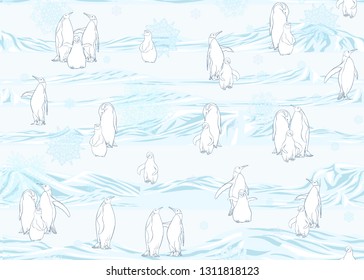 Emperor penguins seamless pattern. Colored and outline design. Vector illustration.
