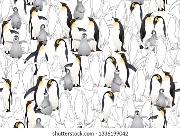 Emperor penguins seamless pattern. Colored and outline design. Vector illustration.