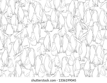 Emperor penguins seamless pattern. Outline design. Vector illustration.