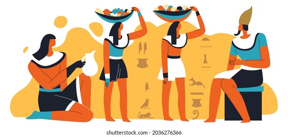 Emperor or pharoah with servants carrying food in baskets and drinks in jugs. Antique civilization rules and life.Rich and poor people, wall with drawn hieroglyphs. Vector in flat style illustration