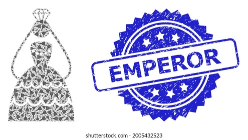 El emperador rayó el sello y el mosaico recursivo vectorial coronado novia. El sello azul contiene la etiqueta Emperor dentro de la rosette. El mosaico vectorial se forma con íconos recursivos de novia coronada.
