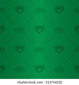 Emperor seamless pattern with beautiful green tiara and lovely heart ornament signs in style of fashion on emerald green shining background with polka dot border fill out. Gorgeous texture for textile