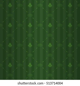 Emperor seamless pattern with bright green tiara and queenly iris ornament signs in style of fashion on nature green shine striped background with styled spear fill out. Multipurpose elegant backdrop.