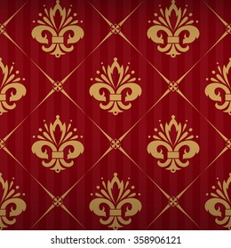 Emperor seamless pattern with gold fleur-de-lys ornament elements on empire red bright striped background with cross square fill out. Excellent textile, fabric, paper design. Royal seamless pattern.