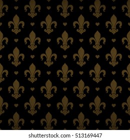 Emperor seamless pattern with golden kingly flower and tight heart ornament signs in style of fashion on deep black shining background. Gorgeous texture for textile, fabric and paper.