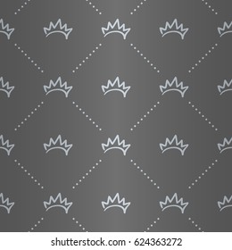 Emperor seamless pattern with light princess crown ornament signs in style of fashion on silver gray shining background with polka dot border fill out. High quality decor design.