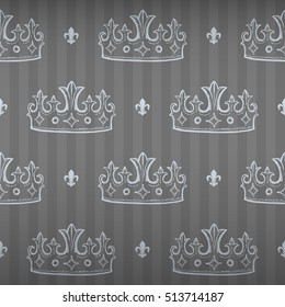Emperor seamless pattern with light tiara and kingly flower ornament signs in style of fashion on silver gray bright striped background. Attractive pattern design for all kinds of surfaces.