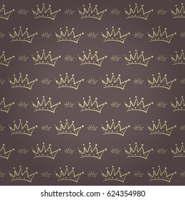 Emperor seamless pattern with soft gray crown ornament signs in style of fashion on dust rose brown shaded background. Wallpaper, curtain design.