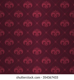 Emperor seamless pattern with vine red styled flower ornament elements on marsala red shining background with cross square and dot fill out. Decoration design for wrapping paper, invitation card.