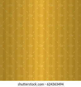 Emperor seamless pattern with white gold king crown ornament signs in style of fashion on golden yellow shine striped background with styled spear fill out. High quality decor design.