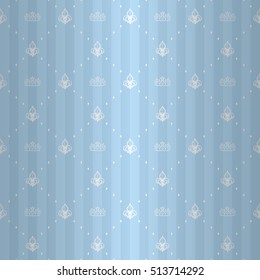 Emperor seamless pattern with white regal fleur de lys and tiara ornament signs in style of fashion on rococo blue shine striped background with rhomb frame fill out. Gorgeous texture for textile.