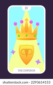 La caricatura de Emperor tarot plancha de tarjeta plana mayor arcana. Ilustración vectorial taro de signos espirituales con magia esotérica y símbolos astrológicos. Gráfico de color aislado. EPS de concepto de brujería