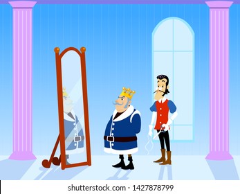 Die neue Kleiderbühne des Kaisers. König und Schneider in Salon des Palastes. König, der neue Kleidung in Mirror betrachtet. Vektorgrafik für Kinderbücher, Cover, Blogs, Webseiten.
