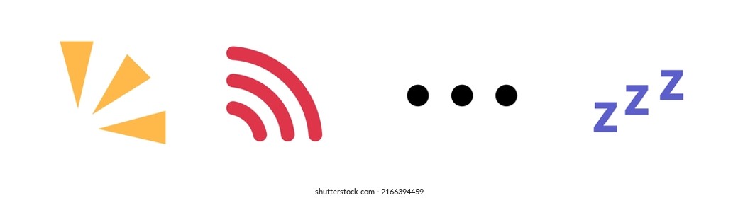 Emphasis mark, radio wave, three-point readers, and sleep mark zzz. vector.