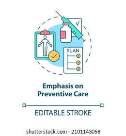 Emphasis on preventive care concept icon. Corporate insurance abstract idea thin line illustration. Isolated outline drawing. Editable stroke. Roboto-Medium, Myriad Pro-Bold fonts used