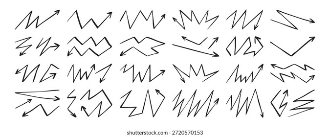 Betonung Zickzack Pfeil doodle handgezeichnete Zickzack Pfeil Set Symbol. Umrisszeichnung Zickzack-Linien-Clipart-Symbol. Vektorgrafik