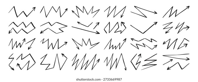 Betonung Zickzack Pfeil doodle handgezeichnete Zickzack Pfeil Set Symbol. Umrisszeichnung Zickzack-Linien-Clipart-Symbol. Vektorgrafik