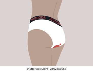 Emphasizing the experience of menstrual cycle leakage, this artwork features modern underwear with bold lettering, It aims to raise awareness about an often overlooked aspect of women's health