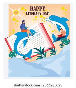Emphasizing Literacy Day, showcasing dolphins, books, and people reading in a colorful tropical environment. Captures the joy and importance of education and knowledge through a vivid creative composi
