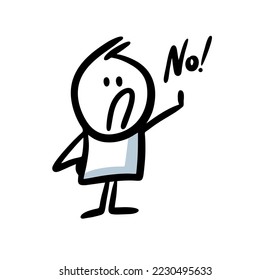 Emphatic  doodle stickman character makes a negative hand gesture and says no.  Vector illustration of capricious child and message.