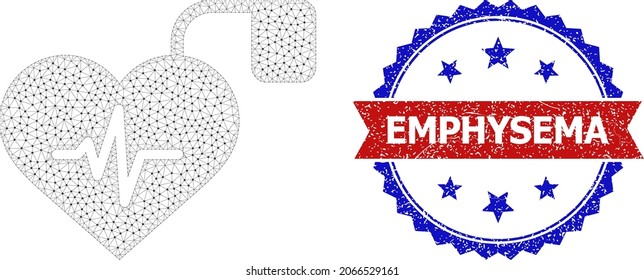 Emfisema sellado de sello corroído y modelo de malla de icono del marcapasos de pulso. El timbre bicolor rojo y azul contiene texto Emphysema dentro de cinta y rosette. Abstracto del marcapasos de pulso de malla plana,