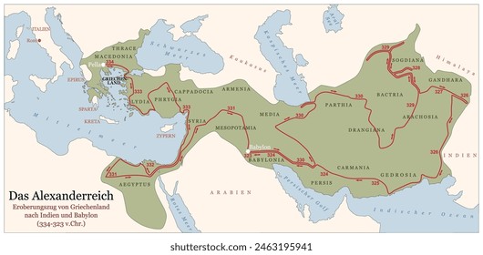 Das Reich Alexander des Großen auf seinem Eroberungskurs von Griechenland nach Indien nach Babylon 334 bis 323 v. Chr. Deutsch beschriftete Geschichtskarte mit Städten, Provinzen und Jahren. Deutsche Kennzeichnung. Illustration