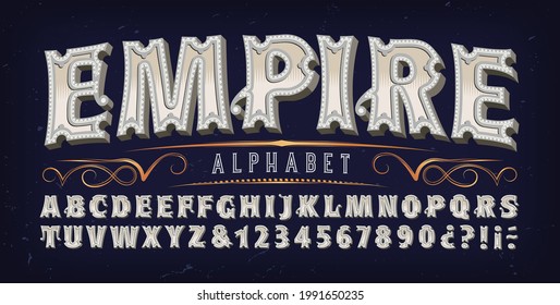 Empire alphabet; A multi-dimensional 3d font with subtle ornate and vintage Byzantine detail. Good for elegant historic and old world logo designs, film or game titles, etc.