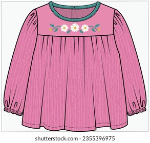 CUERPO DE CORTE DE IMPERIO HERIDO EN LA PARTE SUPERIOR CON TUBO DE CUELLO CONTRASTE Y DETALLE DE EMBROIDERÍA DE FLORES DISEÑADO PARA NIÑAS INFANTES NIÑAS TODDLER Y NIÑAS BEBÉS EN ILUSTRACIÓN DE VECTOR