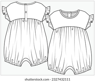 EMPIRE CUT DROP SHOULDER FRILED DETAIL ONESIE BODYDUIT PLAYSUIT DESIGNED FOR TODDLER GIRL AND BABY GIRLS IN EDITABLE VECTOR