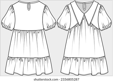 EMPIRE CUT PETERPAN COLLAR PUFF SLEEVES TIERED DRESS DESIGNED FOR TEEN AND KID GIRLS IN EDITABLE VECTOR FILE