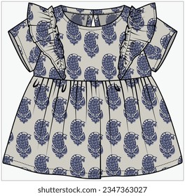 EMPIRE CUT WITH WIDE FRILL DETAIL WOVEN TOP DESIGNED FOR INFANT GIRL TODDLER GIRL AND BABY GIRLS IN EDITABLE VECTOR