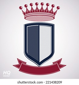Empire design element. Heraldic royal coronet illustration - imperial striped decorative coat of arms. Luxury vector shield with king red crown and undulate festive ribbon.