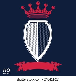 Empire design element. Heraldic royal coronet illustration, imperial striped decorative coat of arms. Luxury vector shield with king red crown and undulate festive ribbon. 