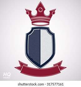 Empire design element. Heraldic royal coronet illustration, imperial striped decorative coat of arms. Luxury vector shield with king red crown and undulate festive ribbon.