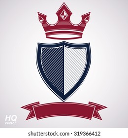 Empire design element. Heraldic royal coronet illustration, imperial striped decorative coat of arms. Luxury vector shield with king red crown and undulate festive ribbon.