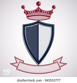 Empire design element. Heraldic royal coronet illustration, imperial striped decorative coat of arms. Luxury vector heraldry shield with king red crown and undulate festive ribbon.