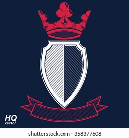Empire design element. Heraldic royal coronet illustration, imperial striped decorative coat of arms. Luxury vector shield with king red crown and undulate festive ribbon. 