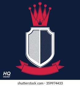 Empire design element. Heraldic royal coronet illustration, imperial striped decorative coat of arms. Luxury vector shield with king red crown and undulate festive ribbon. 