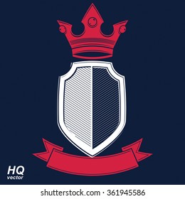 Empire design element. Heraldic royal coronet illustration, imperial striped decorative coat of arms. Luxury vector shield with king red crown and undulate festive ribbon. 