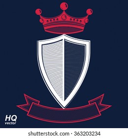 Empire design element. Heraldic royal coronet illustration, imperial striped decorative coat of arms. Luxury vector shield with king red crown and undulate festive ribbon. 