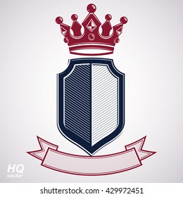 Empire design element. Heraldic royal coronet illustration - imperial striped decorative coat of arms. Luxury vector shield with king red crown and undulate festive ribbon.