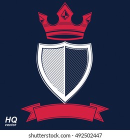 Empire design element. Heraldic royal coronet illustration - imperial striped decorative coat of arms. Luxury vector shield with king red crown and undulate festive ribbon. 