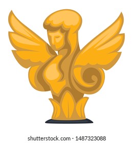 Empire epoch tradition gold sculpture, female figure with wings on stand vector. Woman with feathers, golden ancient statue. Girl with long hair, exhibition or museum, craft interior decoration