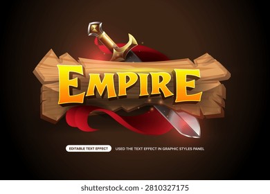 Empire game editable text effect vector graphic style template. Premium 3d yellow and orange medieval font design with rustic wooden board, sword, and red ribbon for gaming logo, clash mobile game ui, and fantasy branding