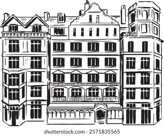 O Empire Hotel, Bath, Inglaterra preto e branco vetor desenho. Inglês architecture destination ink sketches. Arquitetura barroca eduardiana europeia. Turismo viajando isolado mão desenhada.