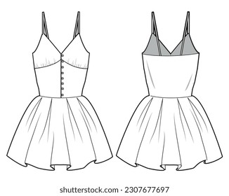 Empire Line Body Shape Strap Skater Dress Front and Back View. Fashion Illustration, Vector, CAD, Technical Drawing, Flat Drawing, Template, Mockup.